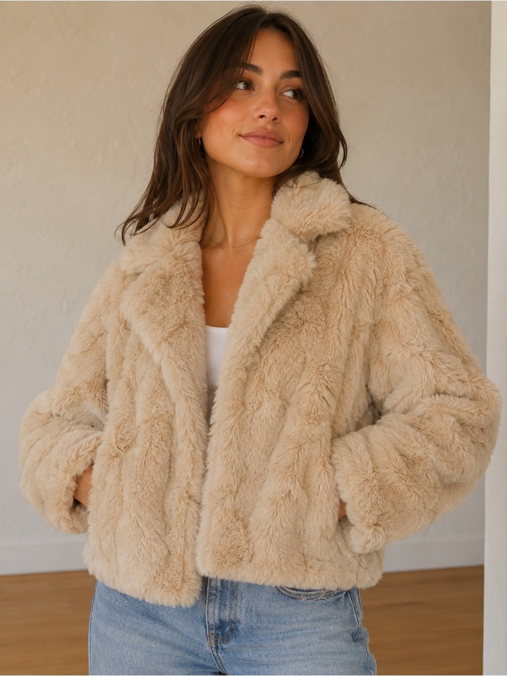 Jou Jou Water Resistant Faux Fur Jacket Medium Beige Cozy Teddy Coat